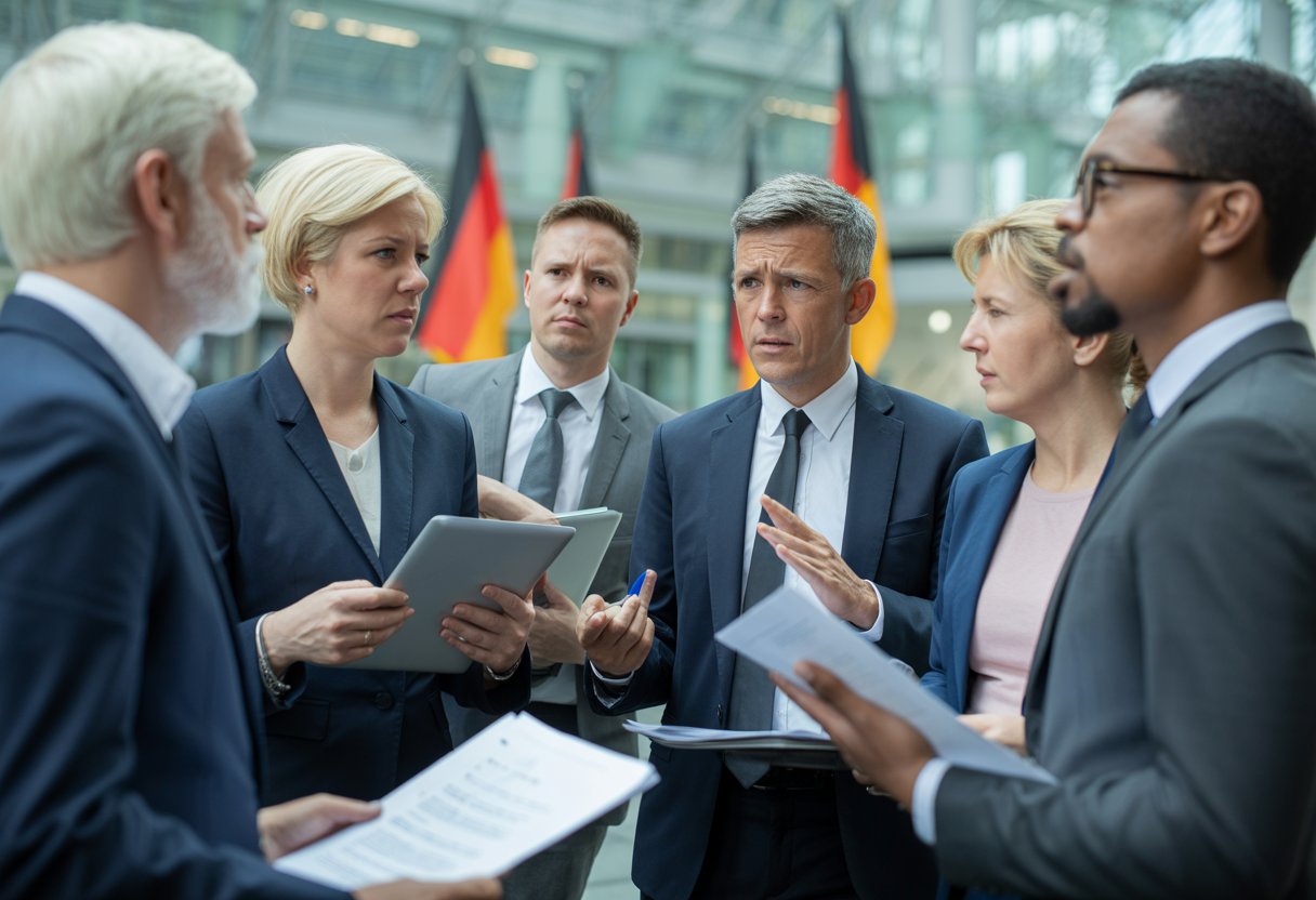 Eine Gruppe von Menschen diskutiert ernsthaft in einem modernen Regierungsgebäude mit deutschen Fahnen im Hintergrund.