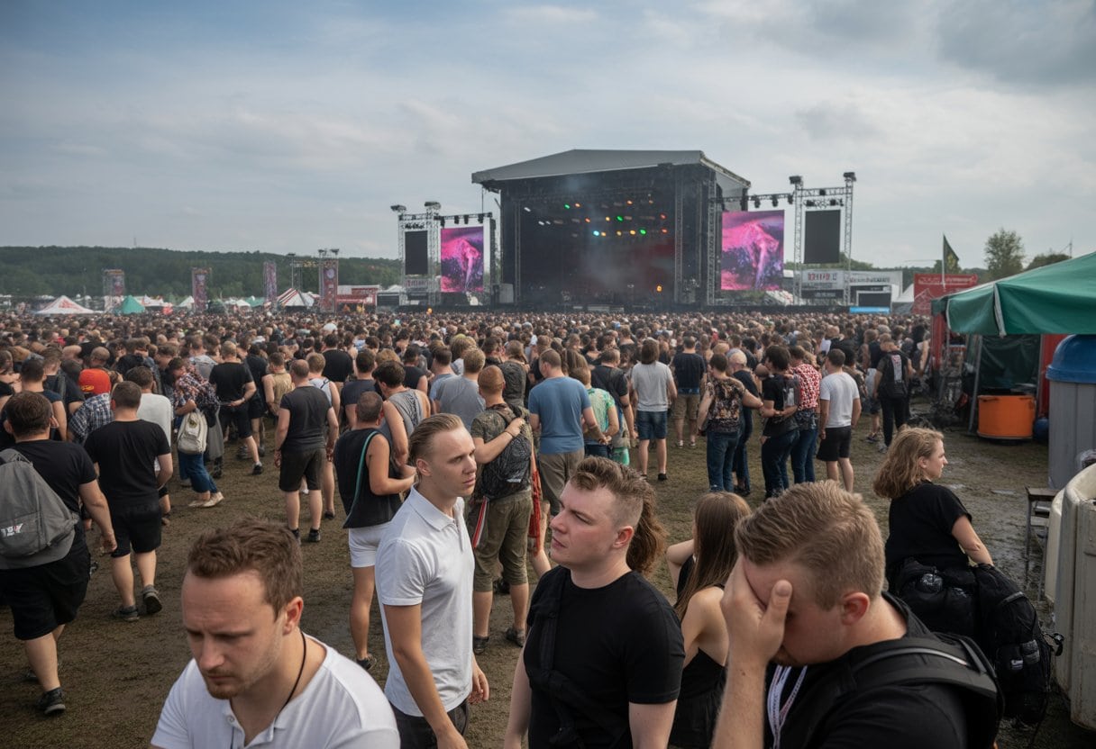 Große Menschenmenge bei einem Outdoor-Musikfestival vor einer Bühne unter bewölktem Himmel.