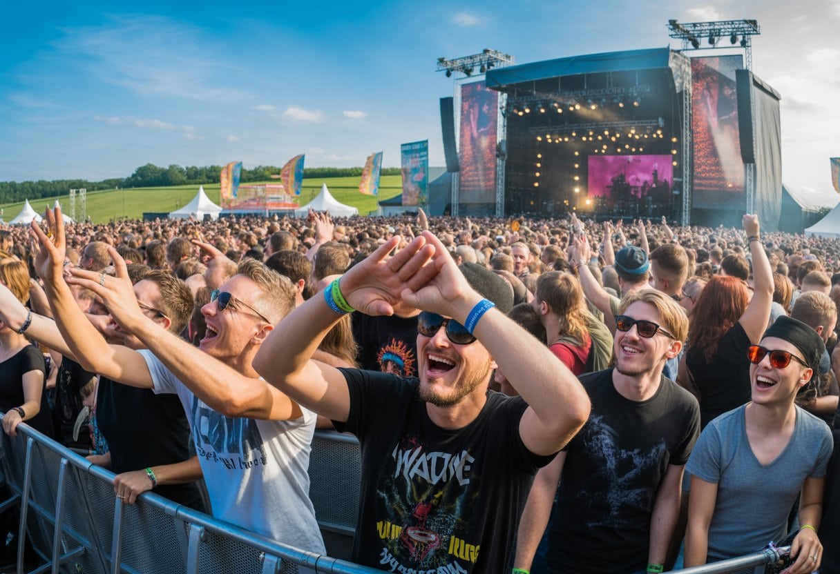 Menschenmenge bei einem großen Open-Air-Rockfestival mit Bühne und fröhlichen Besuchern unter blauem Himmel.