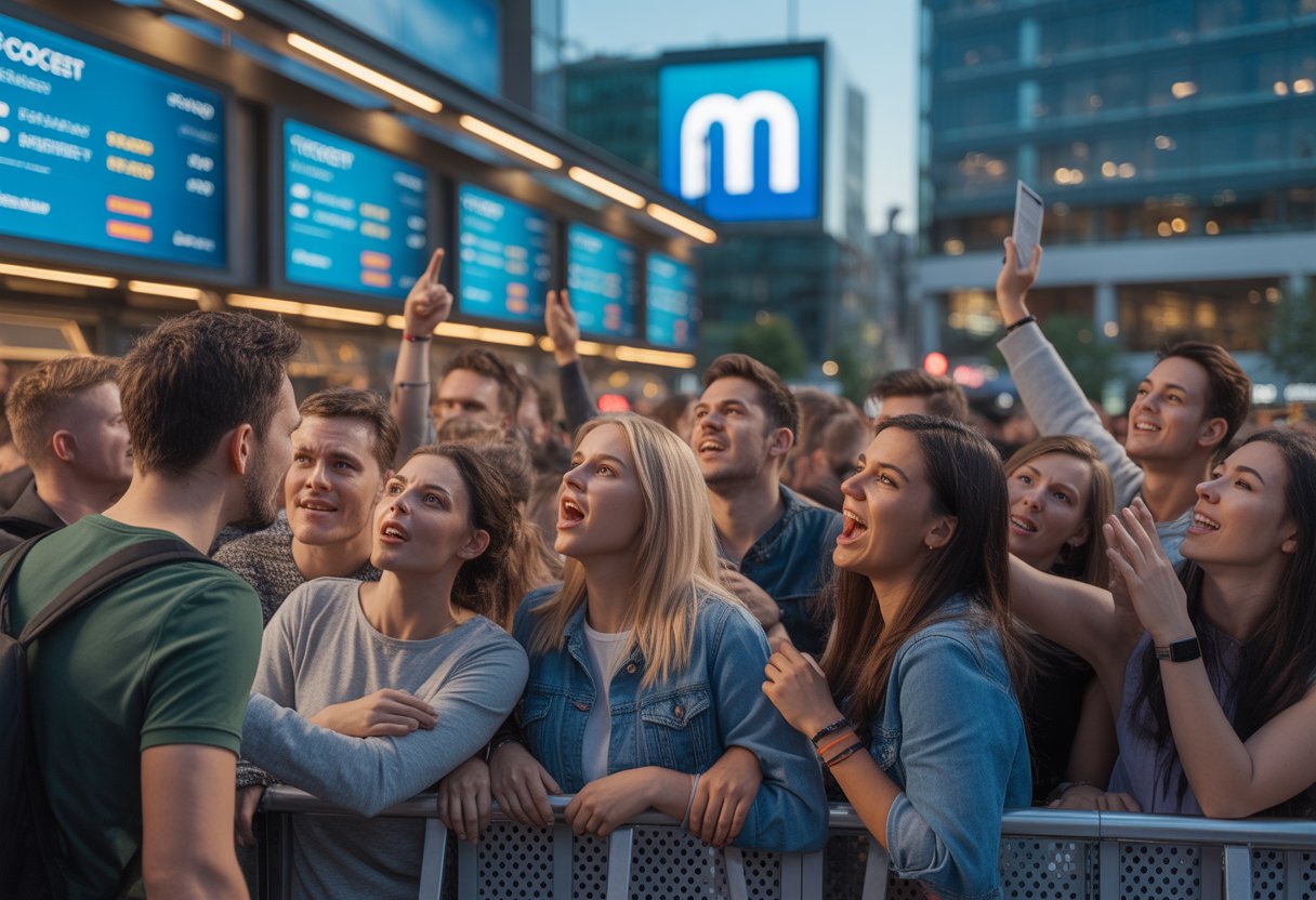 Menschen warten vor einem Ticketschalter bei einem Konzert in Deutschland, einige wirken gespannt, andere leicht frustriert.