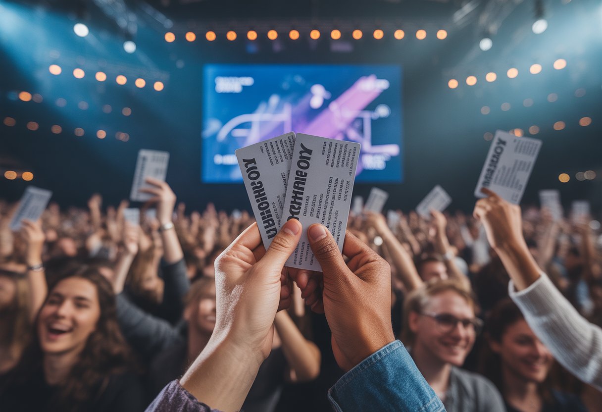 Menschen halten teure Konzerttickets in einer überfüllten Veranstaltungshalle mit Bühnenbeleuchtung.