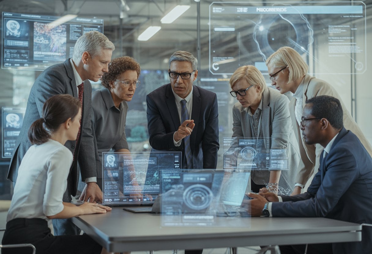 Erfahrene Führungskräfte in einem modernen Büro analysieren gemeinsam digitale Bildschirme mit Nachrichten und Daten.