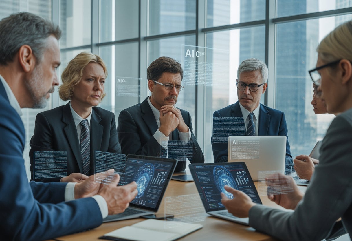 Erfahrene Führungskräfte diskutieren ernsthaft in einem modernen Büro über digitale Nachrichten auf Laptops und Tablets.