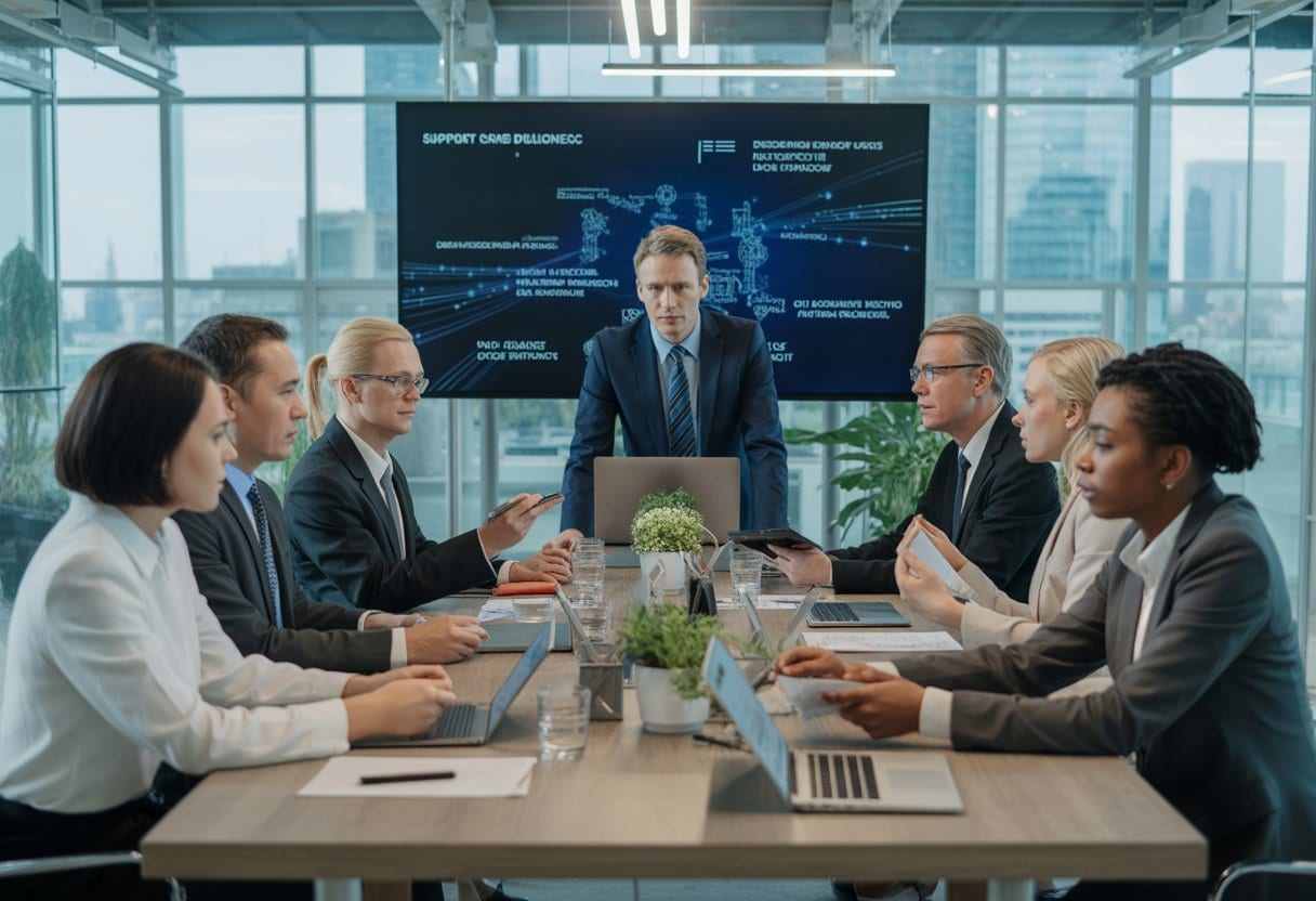 Geschäftsleute diskutieren konzentriert in einem modernen Büro über Lieferkettensorgfaltspflicht und Compliance.