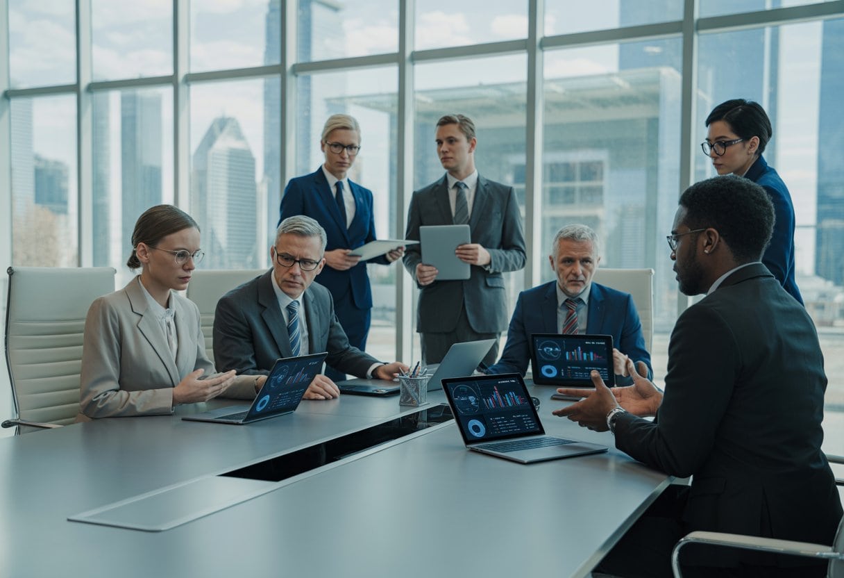 Geschäftsleute diskutieren konzentriert in einem modernen Büro mit Blick auf eine Stadtlandschaft.