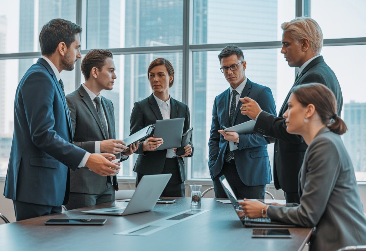 Eine Gruppe von Geschäftsleuten diskutiert konzentriert in einem modernen Büro mit Blick auf die Stadt.