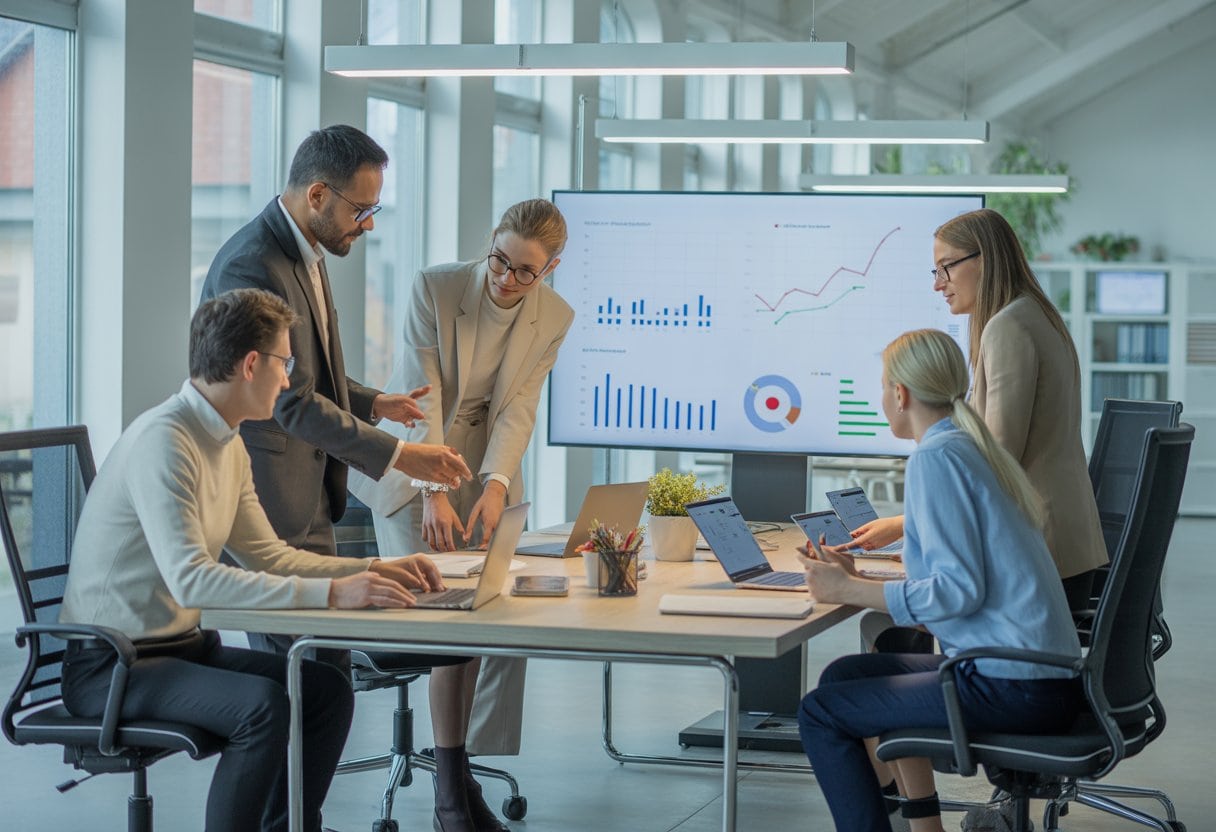 Ein Team von Mitarbeitern arbeitet gemeinsam an einem großen Konferenztisch in einem modernen Büro mit großen Fenstern.