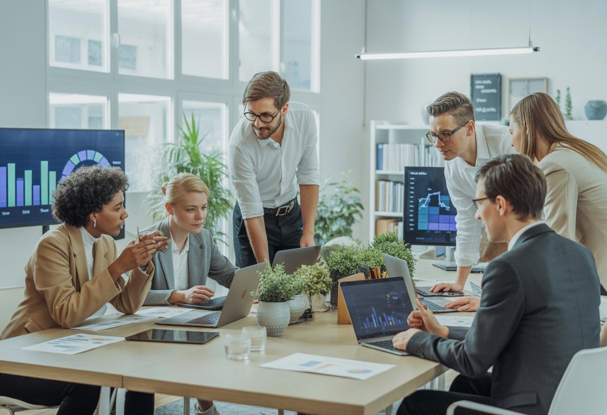 Mehrere Mitarbeitende arbeiten konzentriert an einem großen Tisch in einem modernen Büro mit natürlichem Licht.
