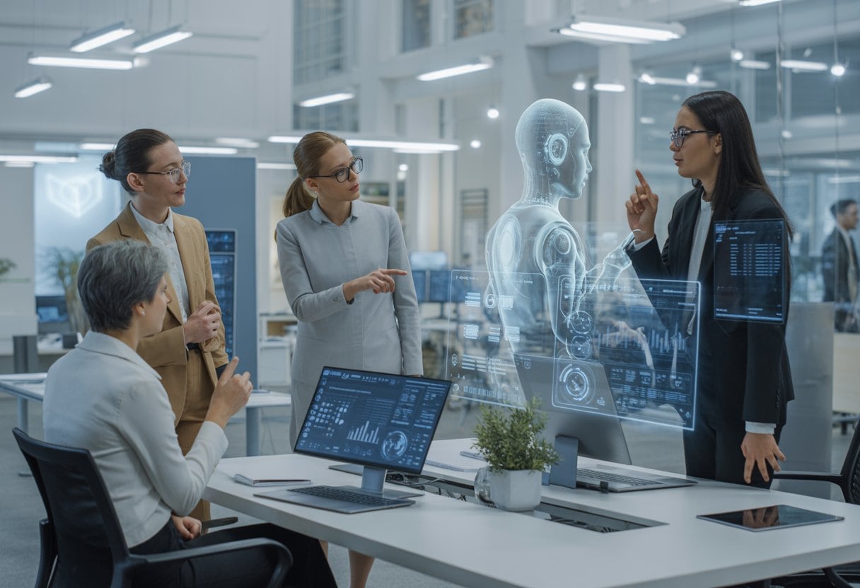 Menschen in einem modernen Büro arbeiten gemeinsam mit fortschrittlichen KI-Systemen, die auf holografischen Bildschirmen angezeigt werden.
