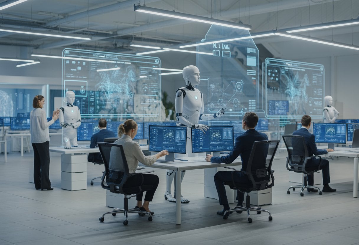 Moderne Büroumgebung mit Menschen und KI-Agenten, die gemeinsam an futuristischen Bildschirmen arbeiten.