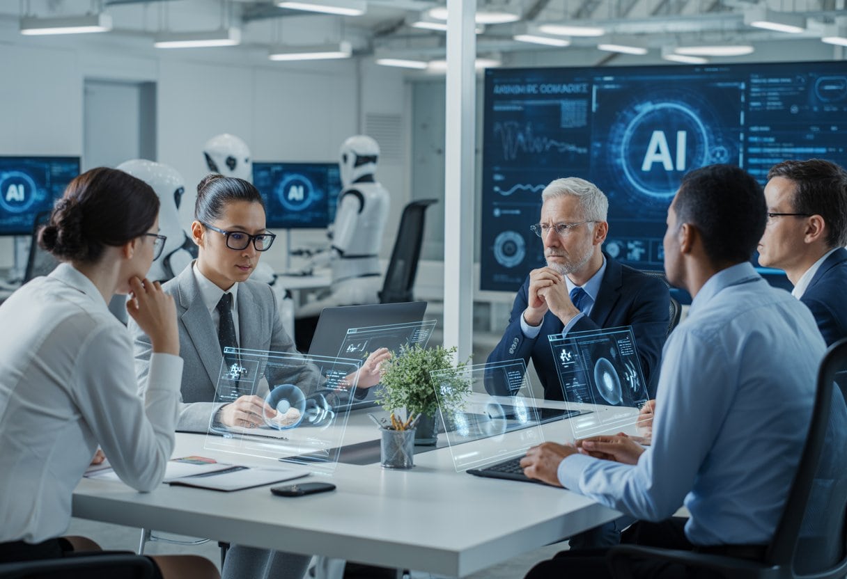 Menschen in einem modernen Büro diskutieren konzentriert an einem Konferenztisch mit digitalen Bildschirmen im Hintergrund.