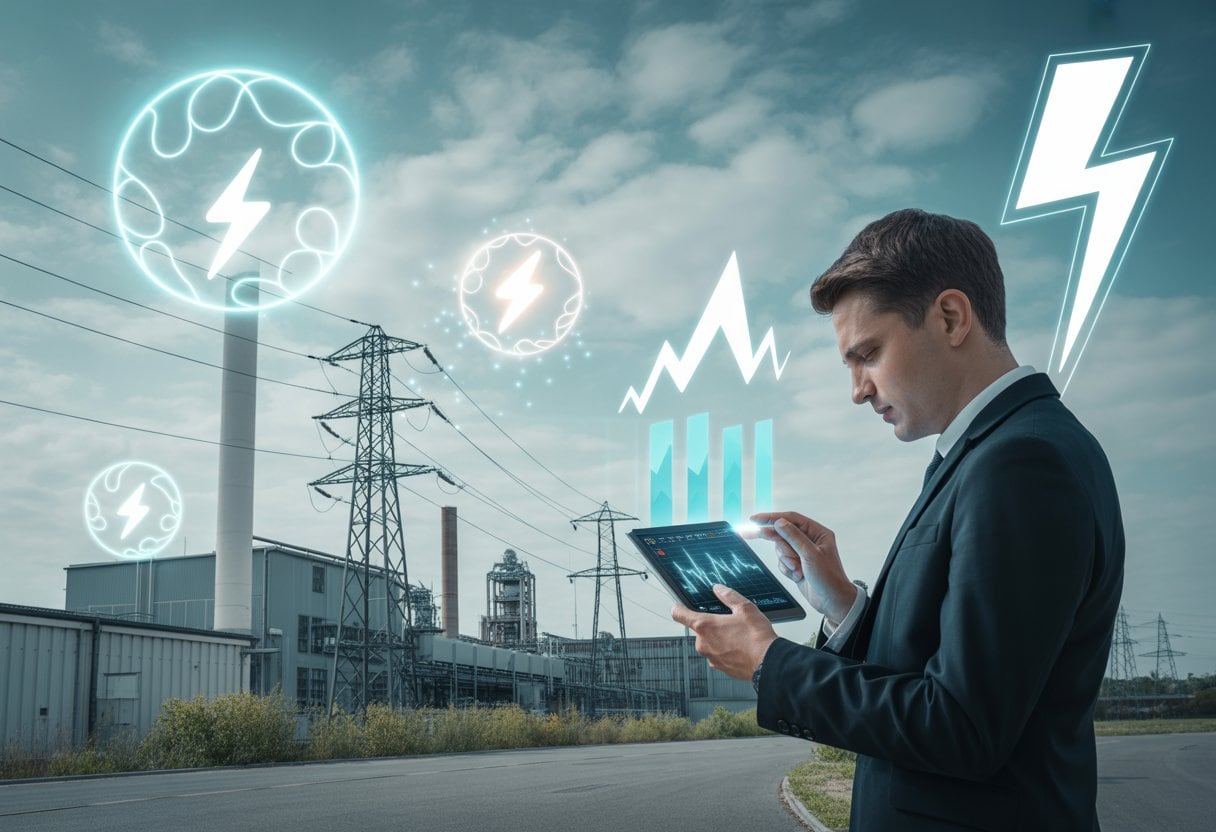 Ein Geschäftsmann betrachtet besorgt Energiecharts vor einer modernen Industrieanlage mit Fabriken und Stromleitungen.