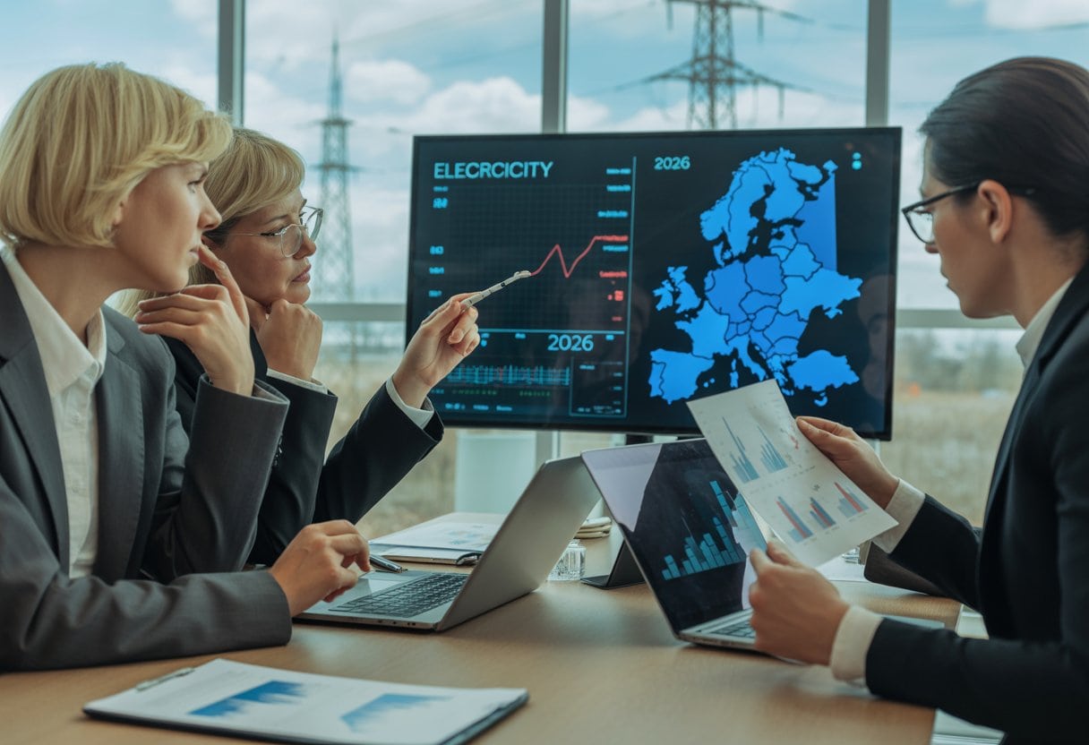 Geschäftsleute analysieren in einem modernen Büro Finanzdaten und eine Europakarte mit hervorgehobenem Deutschland.
