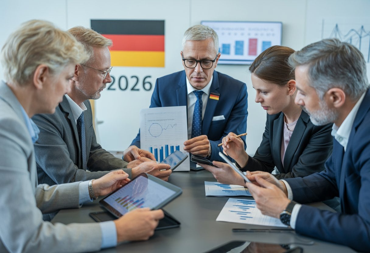 Mehrere Personen diskutieren in einem modernen Büro konzentriert über Dokumente und digitale Geräte.