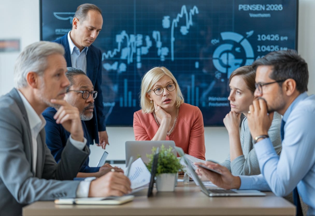 Mehrere berufstätige Personen sitzen in einem modernen Büro an einem Tisch und schauen besorgt auf Dokumente und einen Bildschirm mit Finanzdaten.