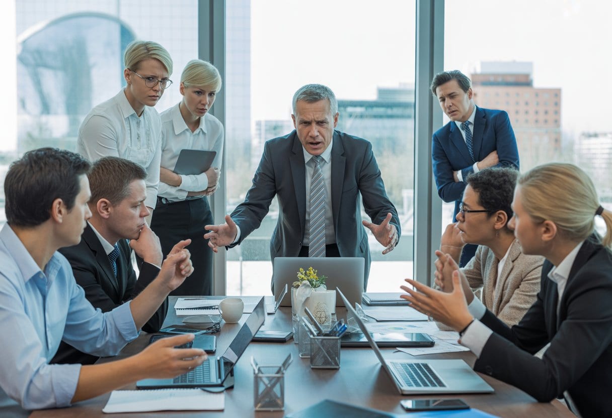Ein Team von Geschäftsleuten in einem Büro diskutiert angespannt bei einer Besprechung.