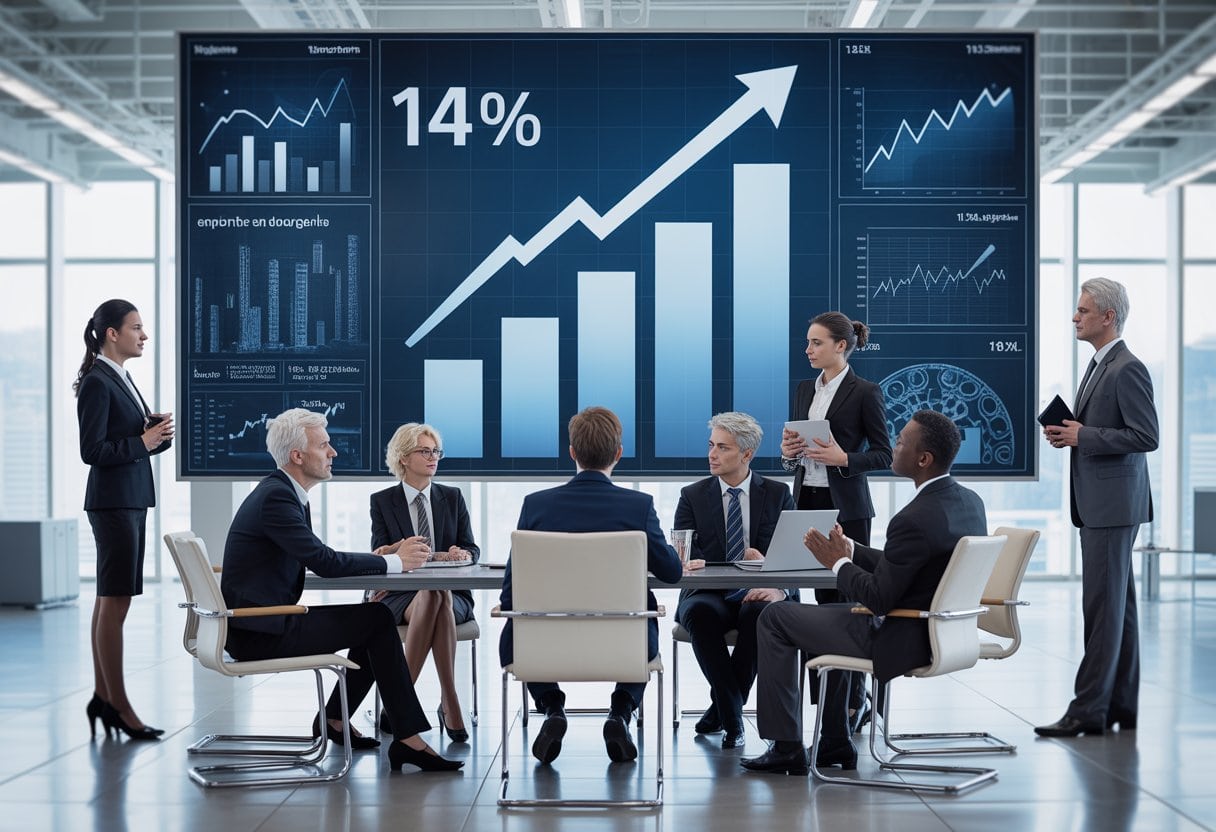 Geschäftsleute diskutieren in einem modernen Büro vor Bildschirmen mit aufsteigenden Diagrammen.
