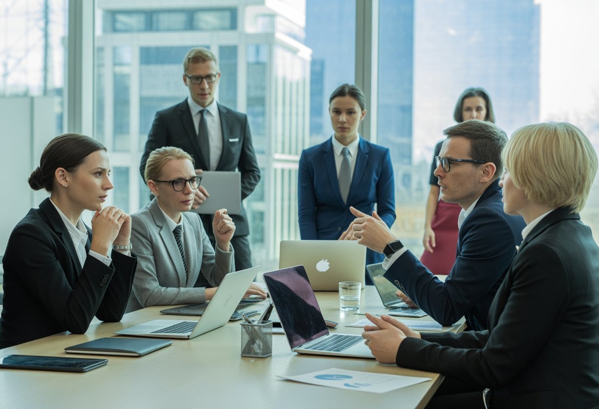 Geschäftsleute in einem Besprechungsraum diskutieren ernsthaft in einem modernen Büro mit Blick auf eine Stadtlandschaft.