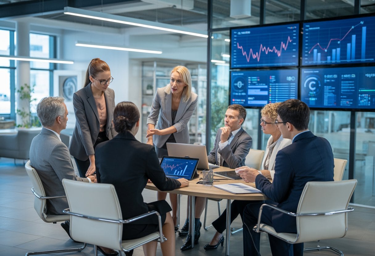 Mehrere Geschäftsleute diskutieren ernsthaft in einem modernen Büro mit Bildschirmen im Hintergrund.