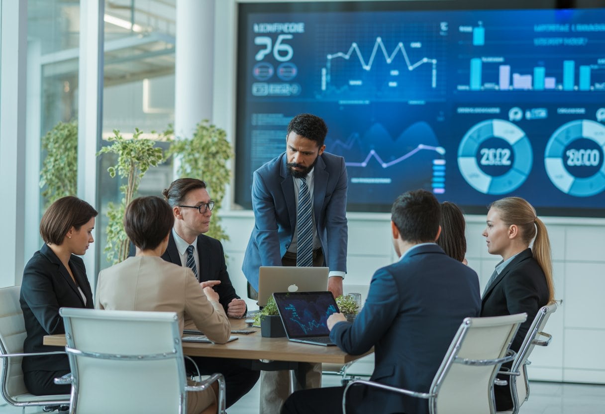 Ein Team von Fachleuten diskutiert in einem modernen Büro um einen Konferenztisch, mit digitalen Geräten und einem Bildschirm im Hintergrund, der Daten zeigt.