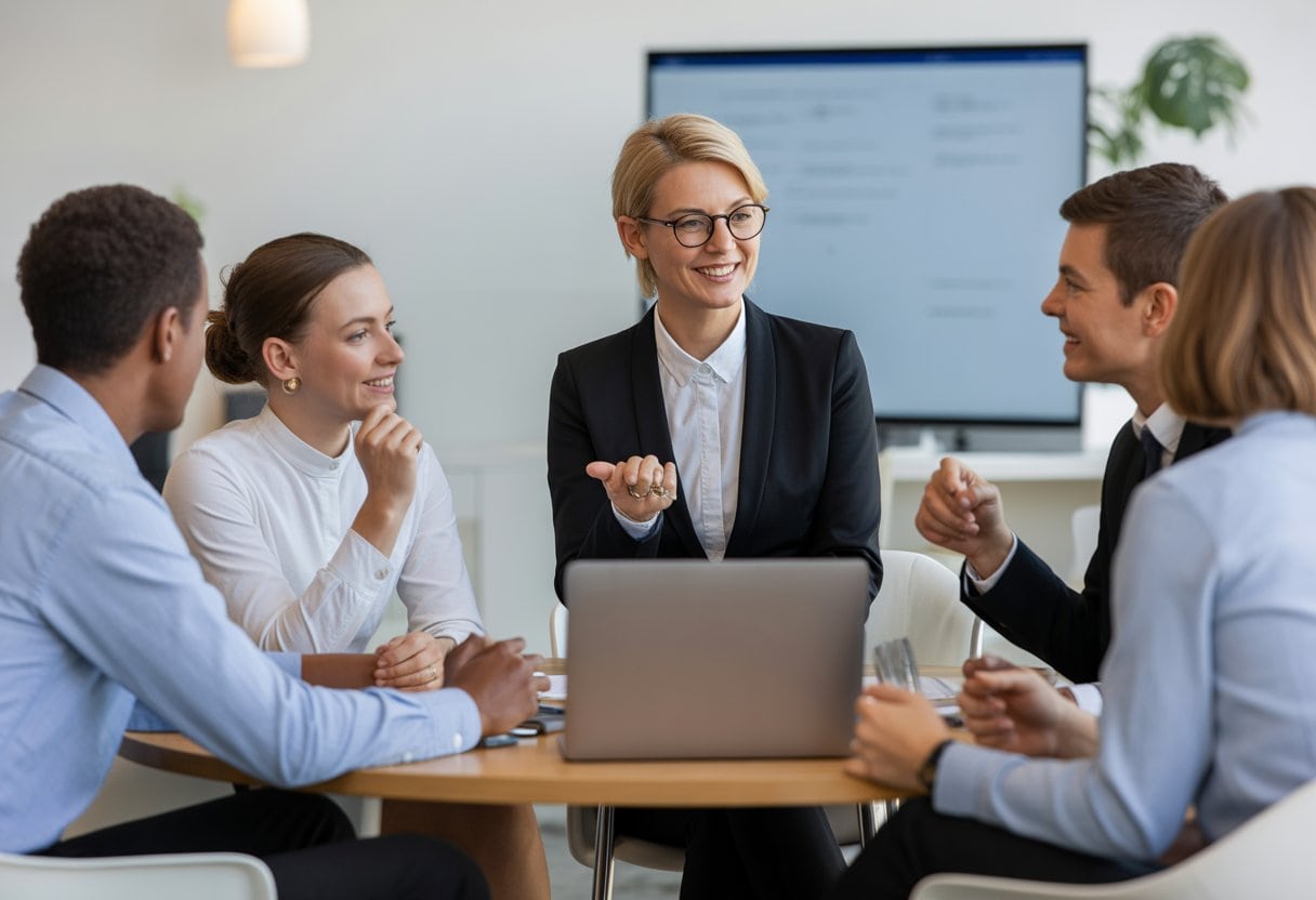 Ein diverses Team bespricht sich vertrauensvoll mit einer Führungskraft in einem modernen Büro.