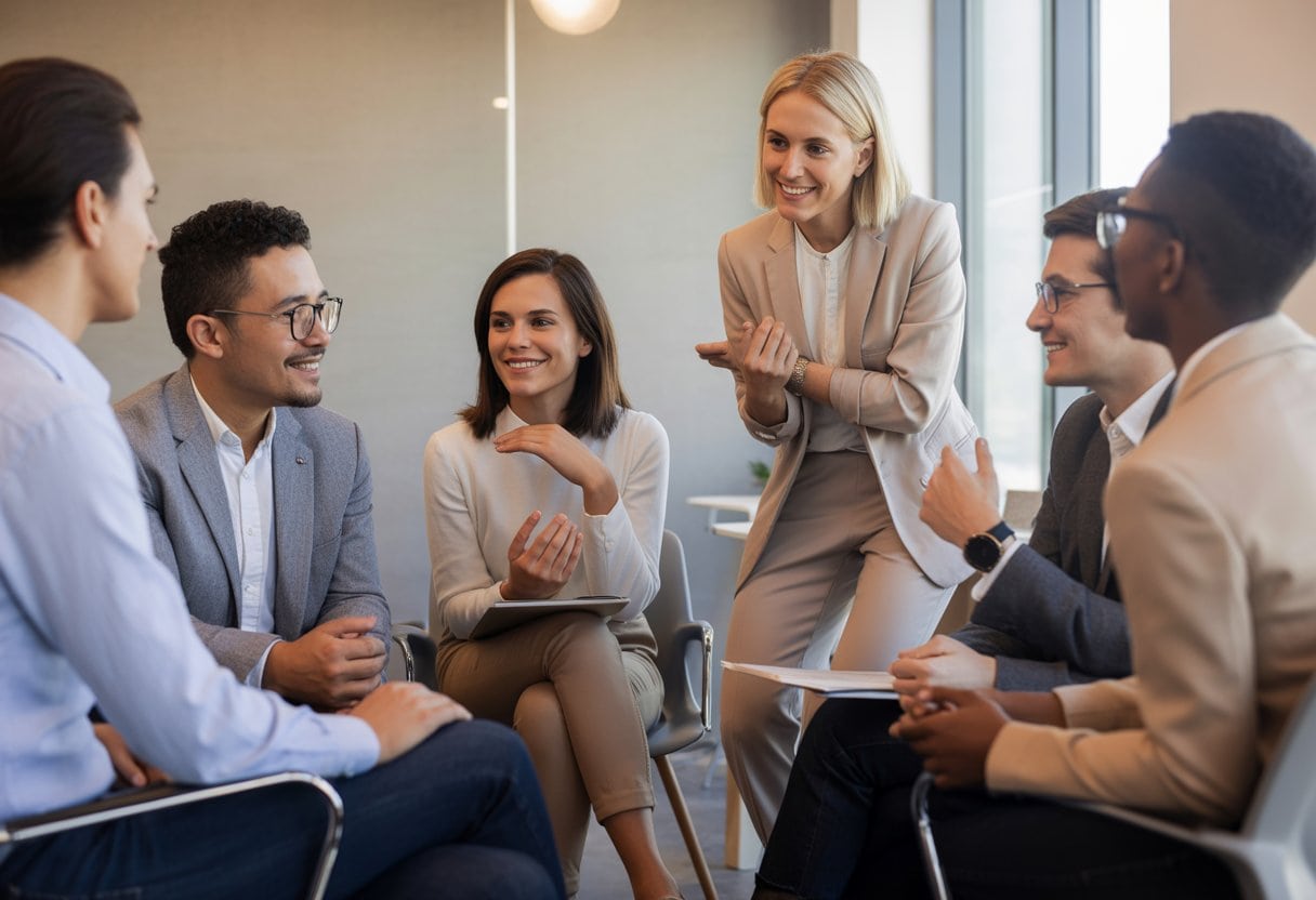 Eine vielfältige Gruppe spricht in einem modernen Büro offen und vertrauensvoll mit einer zugewandten Führungskraft.