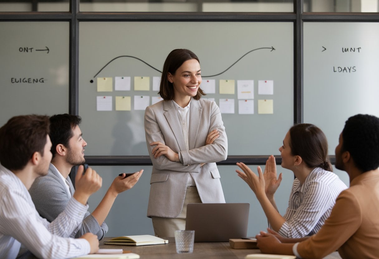 Eine neue Führungskraft bespricht aufmerksam die ersten Schritte mit einem vielfältigen Team in einem modernen Büro.