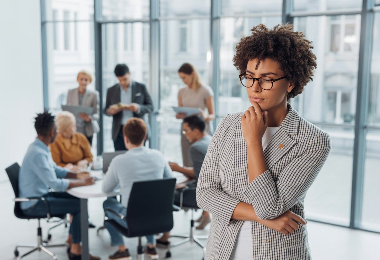 Eine reflektierte Führungskraft beobachtet ein vielfältiges Team in einem modernen Büro.